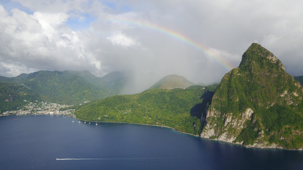 The coast of Saint Lucia. Soufrie is on the left and The Petite Piton is on the right.